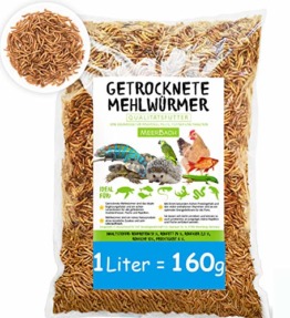 MeerBach SHF-Natur Mehlwürmer getrocknet • 1 Liter (entspricht 160g) • der beliebte und natürliche Snack für Fische, Nager, Reptilien, Schildkröten und Igel - 1